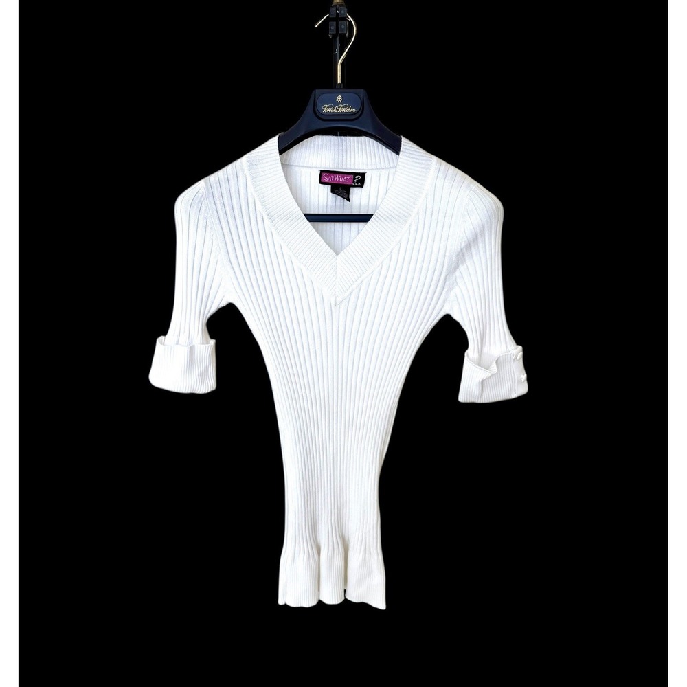 SAY WHAT? Y2K Rib Knit Sweater Sz M White Slimming Stretch Preppy Coquette‎ 90s